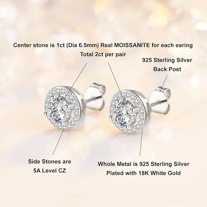 0.5 - 1 ct Eclipse Moissanite Halo Stud Earring - Single Piece