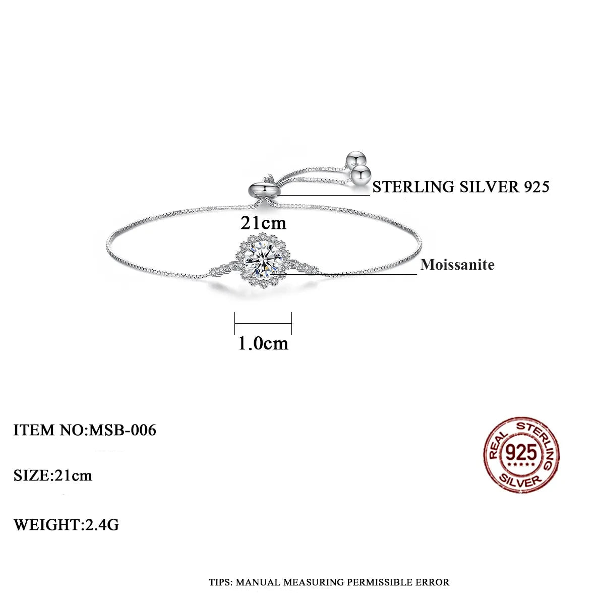 1 ct Flower Pattern 925 Sterling Silver Adjustable Round Moissanite Bracelet