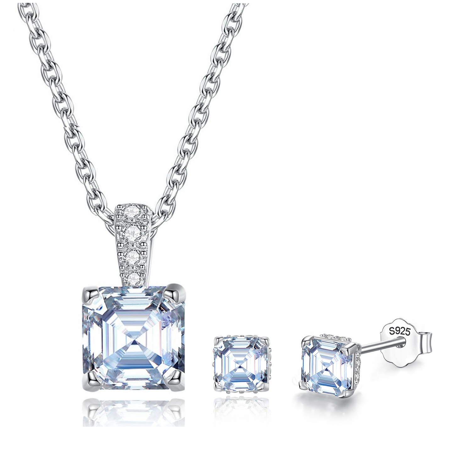 GRA Certified Radiant Royale Asscher Cut Silver Moissanite Pendant Set