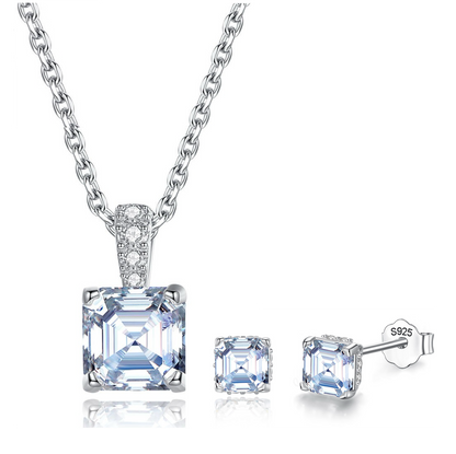 GRA Certified Radiant Royale Asscher Cut Silver Moissanite Pendant Set