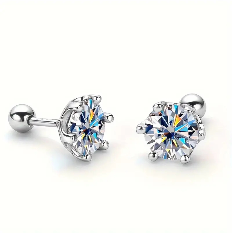 0.5 - 1 ct Single Piece Round Radiant Sterling Silver Moissanite Stud Earrings for Men; GRA Certified; D VVS1; Screw Back