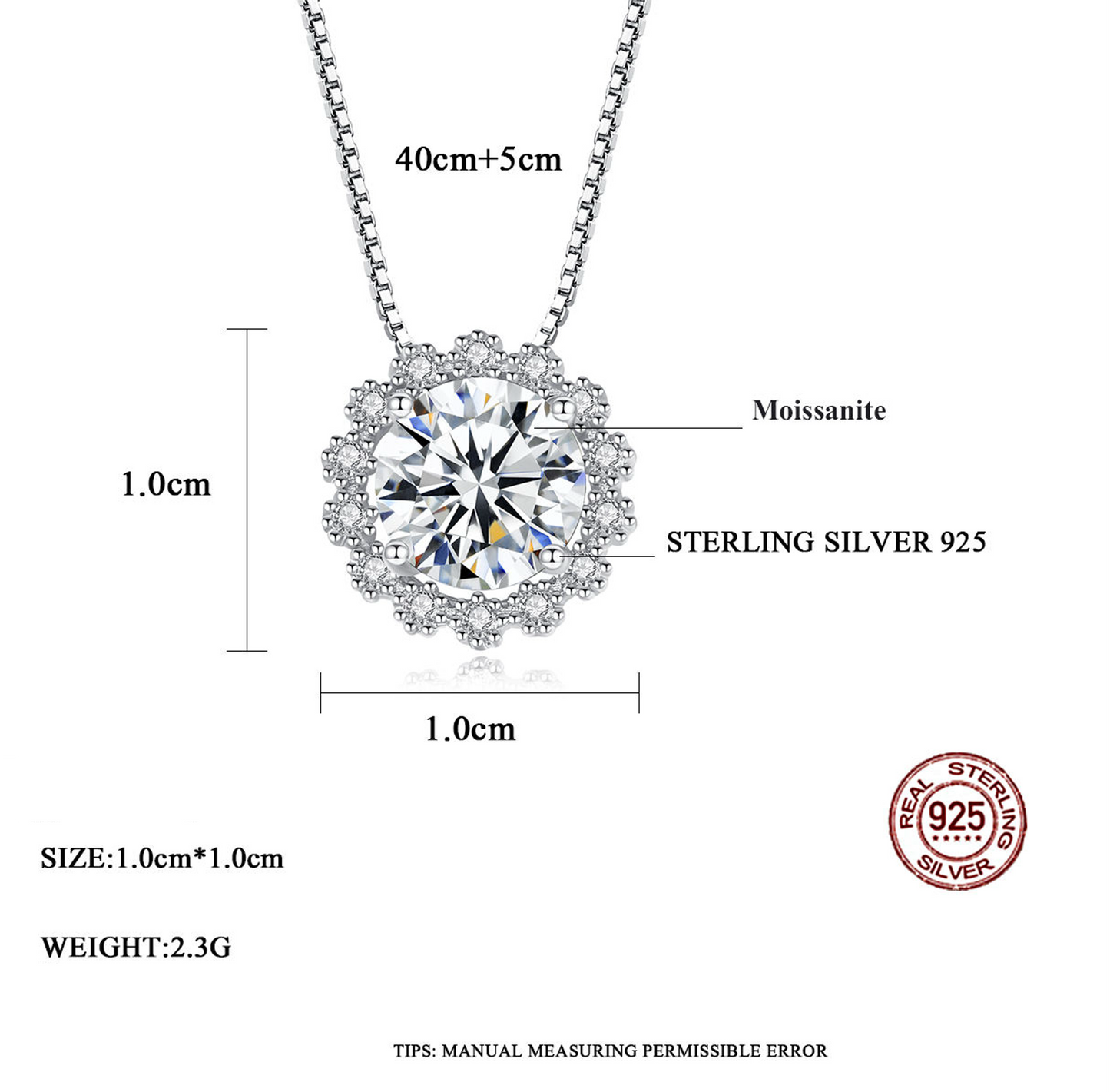 1 ct Moissanite Halo Pendant Necklace;  Sterling Silver 925; D VVS1