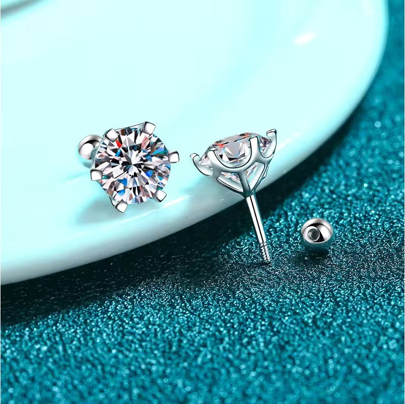 0.5 - 1 ct Single Piece Round Radiant Sterling Silver Moissanite Stud Earrings for Men; GRA Certified; D VVS1; Screw Back