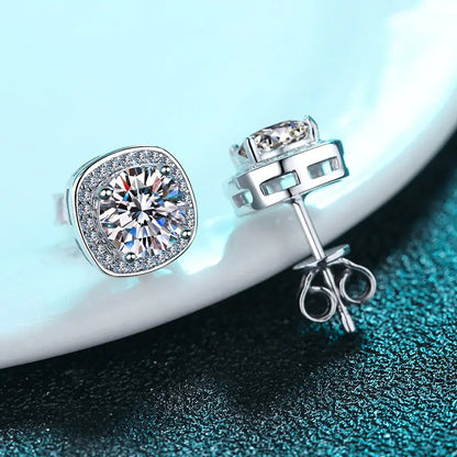 2 ct / pair Starlight Squared Halo Bliss Solitaire Studs Moissanite Earrings; Sterling Silver; GRA Certified; D VVS1