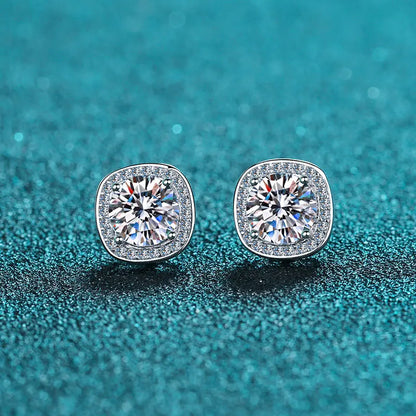 2 ct / pair Starlight Squared Halo Bliss Solitaire Studs Moissanite Earrings; Sterling Silver; GRA Certified; D VVS1