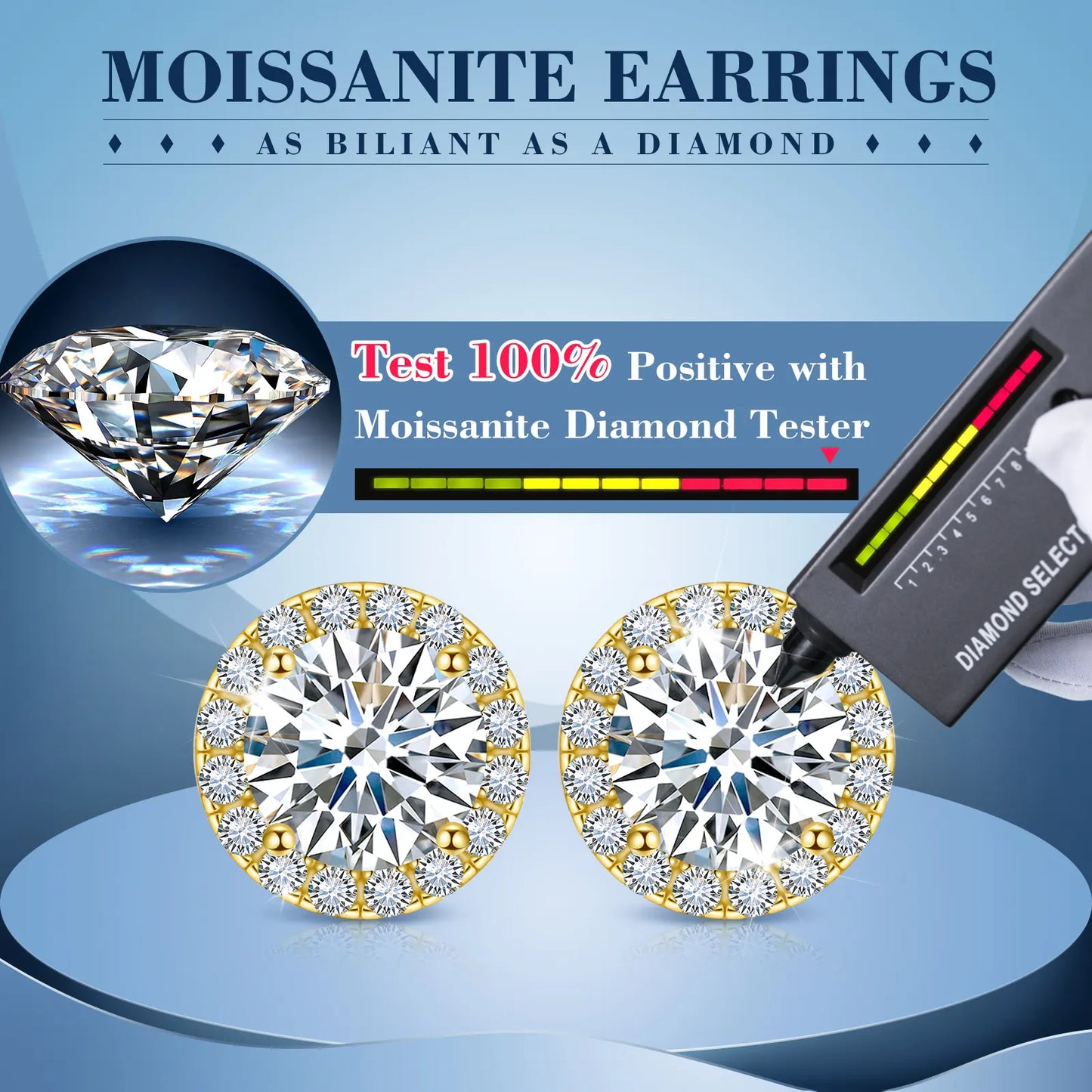 18 K Gold Plated Round Halo Moissanite Stud Earrings; 1 - 6 ct / pair