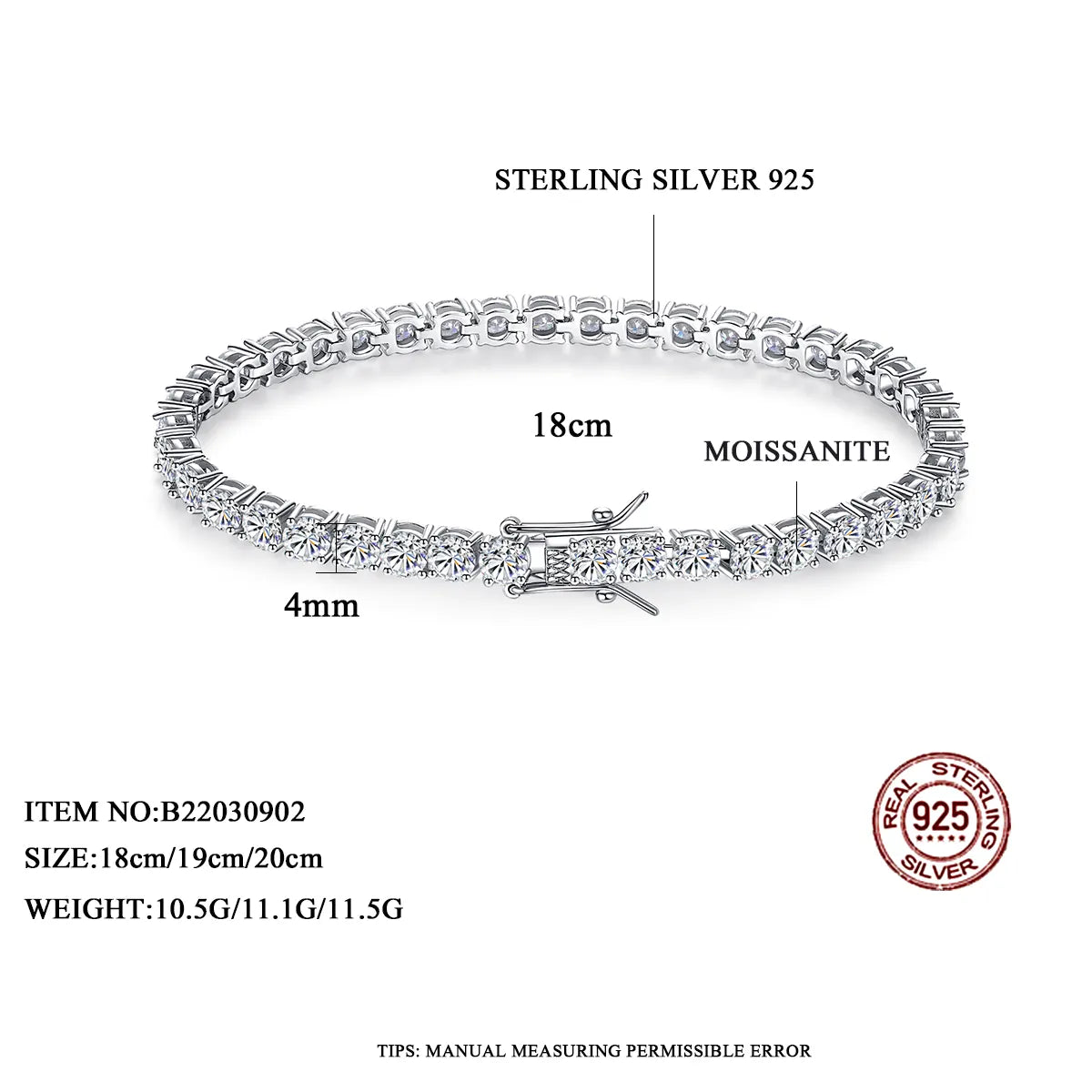 4 mm Femme Bling 925 Sterling Silver Tennis Moissanite Bracelet