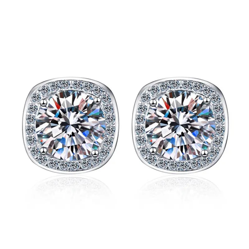 2 ct / pair Starlight Squared Halo Bliss Solitaire Studs Moissanite Earrings; Sterling Silver; GRA Certified; D VVS1