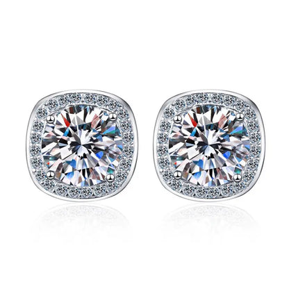 2 ct / pair Starlight Squared Halo Bliss Solitaire Studs Moissanite Earrings; Sterling Silver; GRA Certified; D VVS1