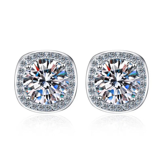 2 ct / pair Starlight Squared Halo Bliss Solitaire Studs Moissanite Earrings; Sterling Silver; GRA Certified; D VVS1