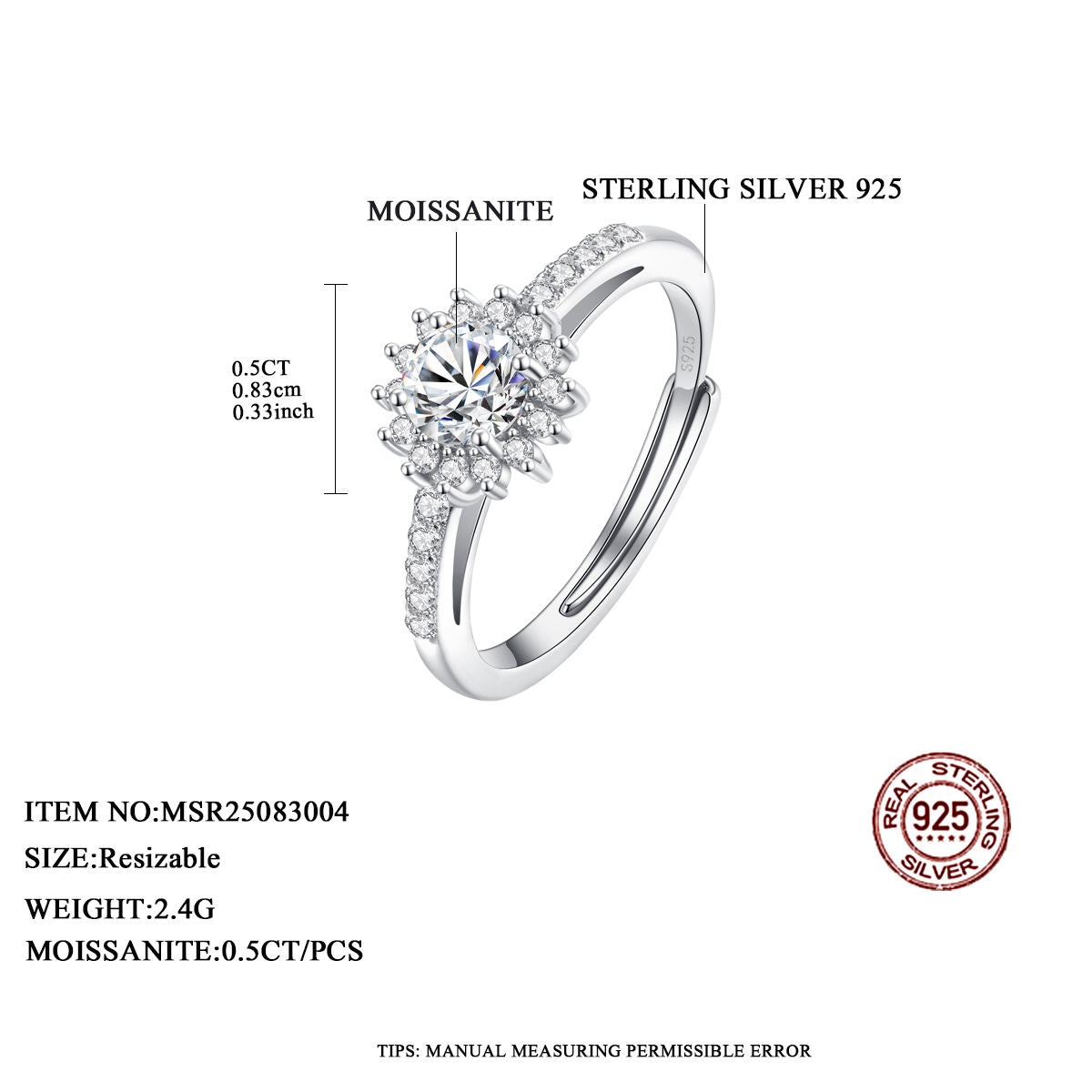 Eternal Bloom 0.5 Ct Moissanite Ring for Women | 925 Sterling Silver Adjustable Ring | GRA Certified