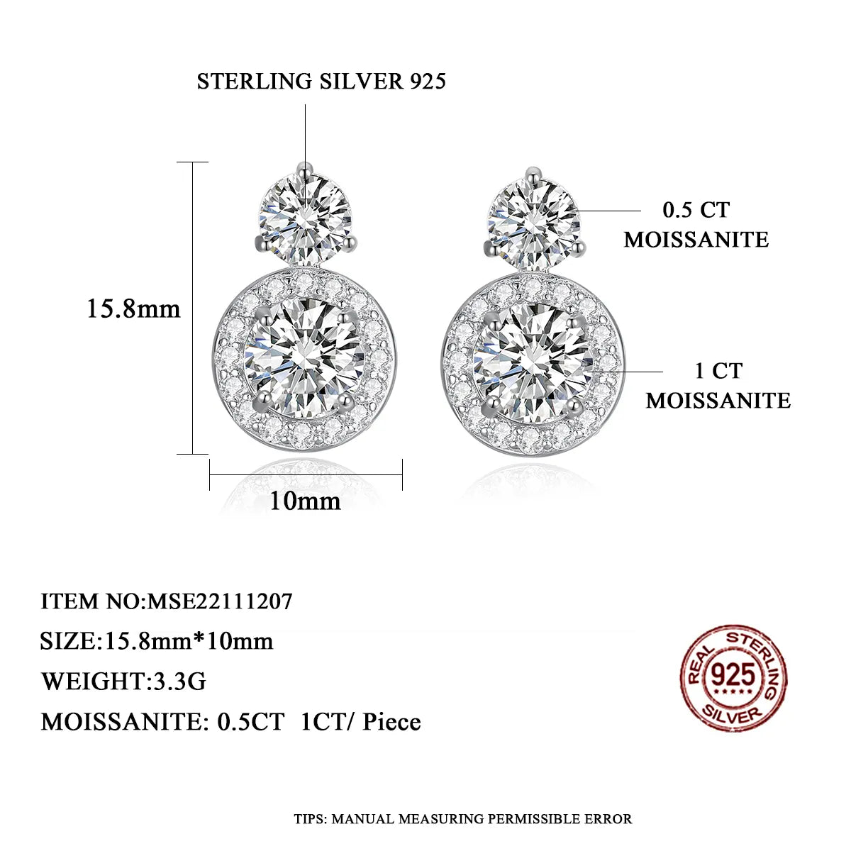 3 ct Round Moissanite Drop Studs