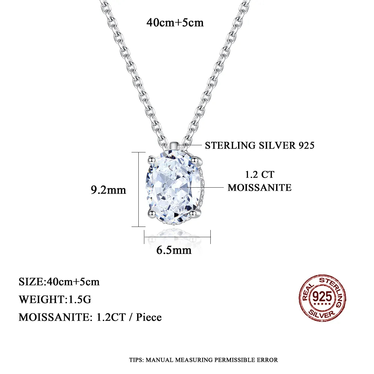 1.2 ct SparkleOval Charm Moissanite Necklace in Sterling Silver; D VVS1