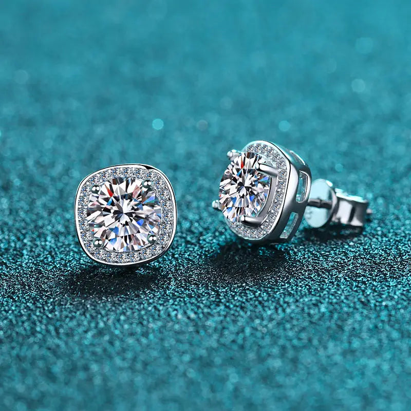 2 ct / pair Starlight Squared Halo Bliss Solitaire Studs Moissanite Earrings; Sterling Silver; GRA Certified; D VVS1