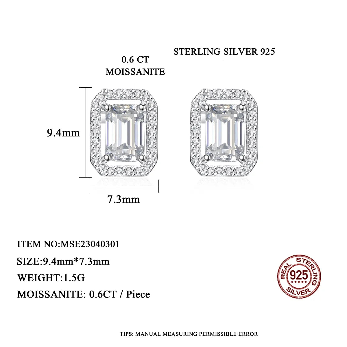 1.2 ct Emerald Cut Moissanite Halo Studs