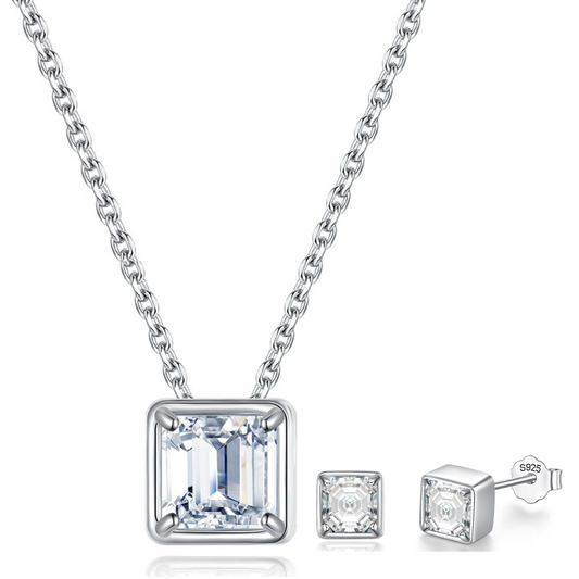 1 ct Timeless Brilliance Asscher Cut Silver Moissanite Pendant and 1 ct Earrings with GRA Certificate; D VVS1