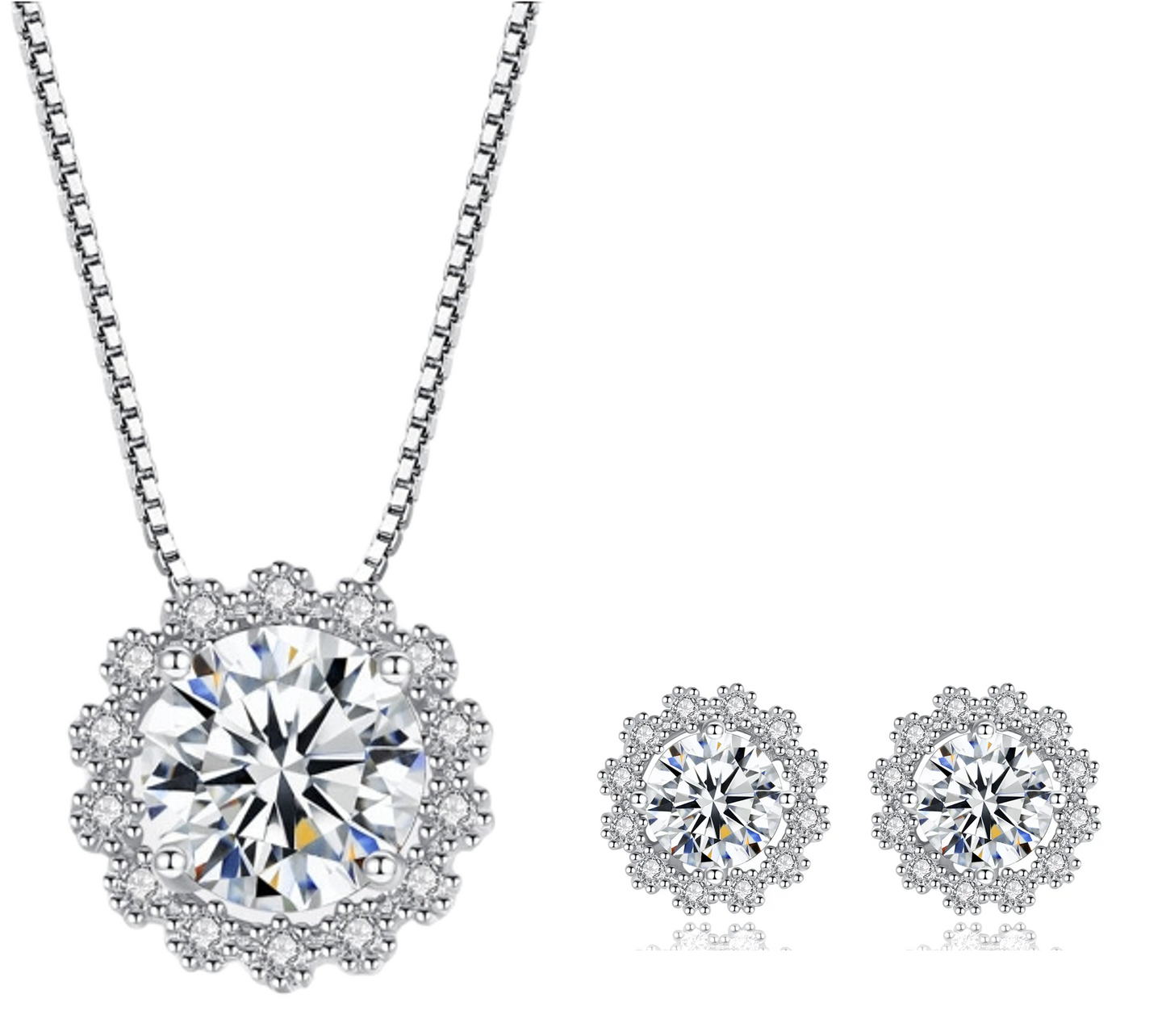 GRA Certified Frosted Halo Round Cut Silver 1ct Moissanite Pendant Set with 1ct Earrings