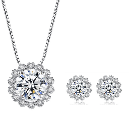 GRA Certified Frosted Halo Round Cut Silver 1ct Moissanite Pendant Set with 1ct Earrings