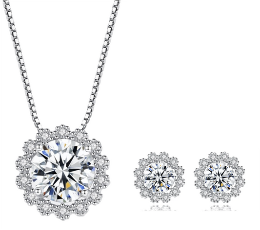 GRA Certified Frosted Halo Round Cut Silver 1ct Moissanite Pendant Set with 1ct Earrings