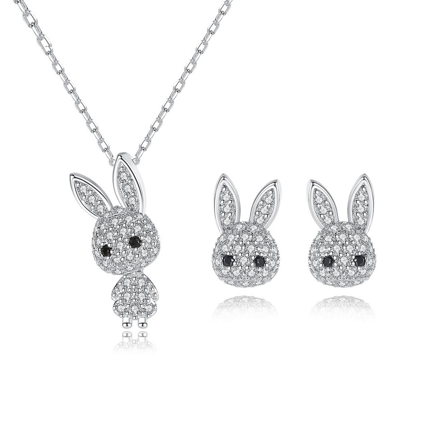 Sterling Silver Sparkling Bunny Zircon Earrings and Pendant