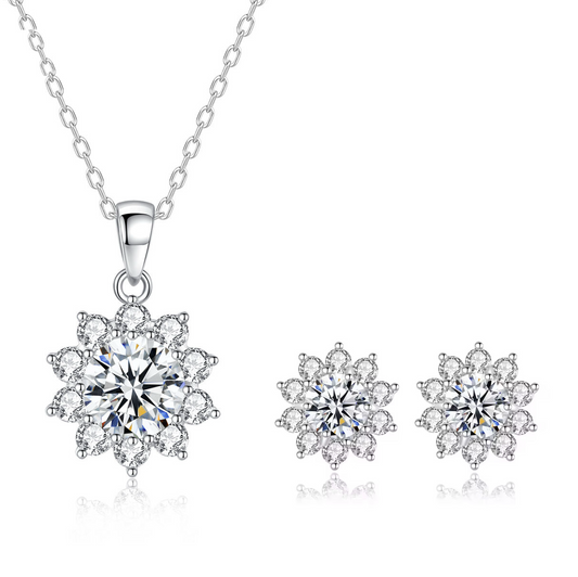 Snowflake Sparkle Round Silver Moissanite Pendant and Earrings