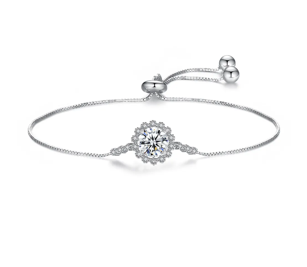 1 ct Flower Pattern 925 Sterling Silver Adjustable Round Moissanite Bracelet