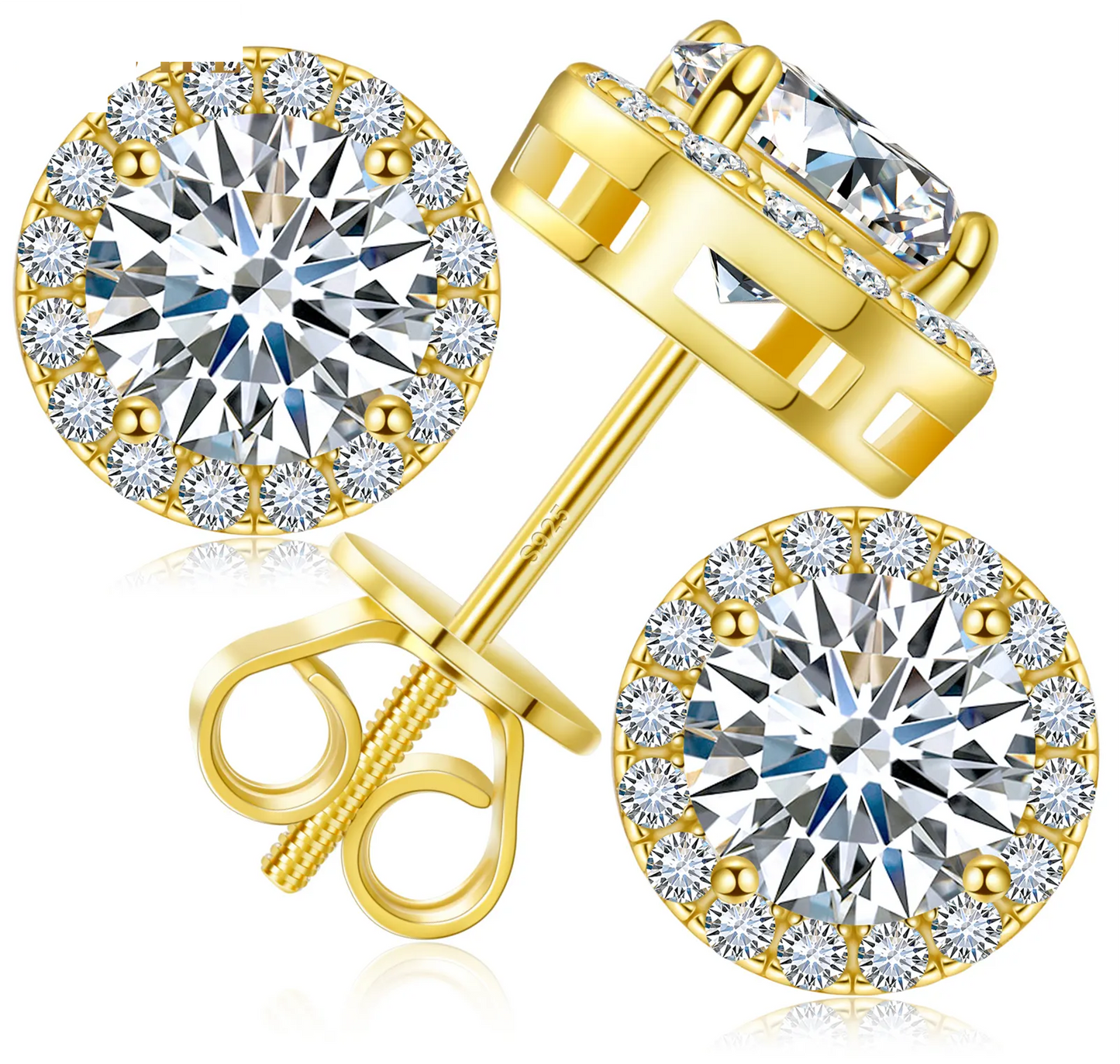 18 K Gold Plated Round Halo Moissanite Stud Earrings; 1 - 6 ct / pair